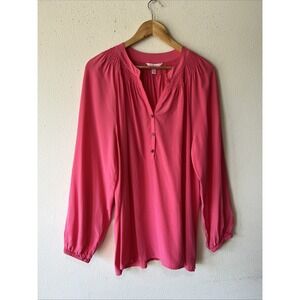 Lilly Pulitzer Elsa 100% Silk Top V-Neck Long Sleeve Gold Buttons Roxie Pink XL